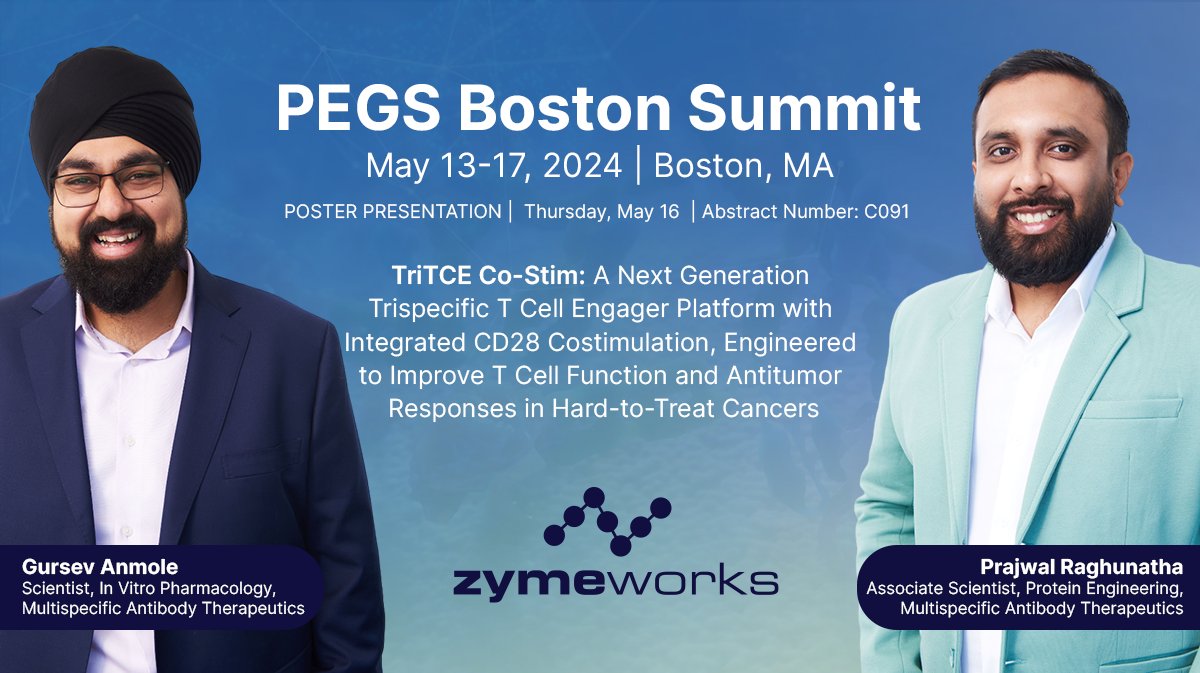 Gursev Anmole and Prajwal Raghunatha will deliver a poster presentation exploring our Trispecific T cell Engager Co-Stimulatory technology platform at #PEGSummit this week. Learn more: pegsummit.com/poster-titles #antibody #therapeutics