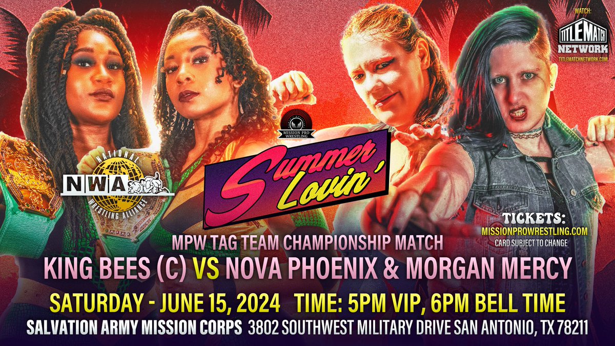 🌞 MATCH ANNOUNCEMENT 🌞 The King Bees will take on @Novafire41 & @Morgan_Mercy_ at #MPWSummerLovin on June 15th! 🎟️: missionprowrestling.com 📺: @TitleMatchWN Sponsorship inquiries: 📧: missionprowrestling@gmail.com #WWERaw #NWA #NWAPowerrr