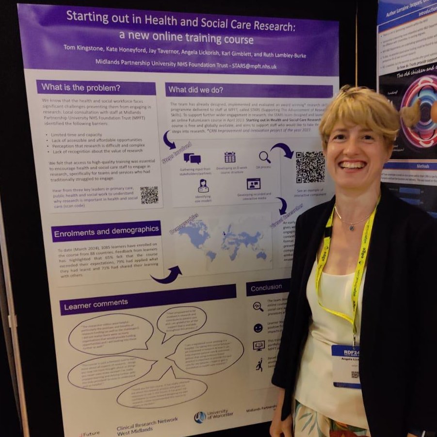 The #MPFTResearch team are showcasing various research projects at the #RDF24 Conference.

Here's Angela Lickorish with the 'Starting out in Health and Social Care Research: a new online training course' poster.

Check out the course here: futurelearn.com/courses/starti…