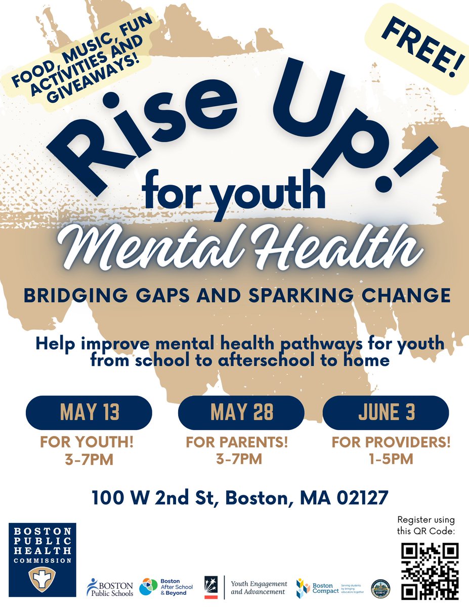 Join @healthyboston’s Rise Up for Youth Mental Health! Connect w/students, parents, caregivers, and providers across Boston to discuss the mental health challenges our young people face from school to afterschool to home. Learn more and register at linktr.ee/cbhw.