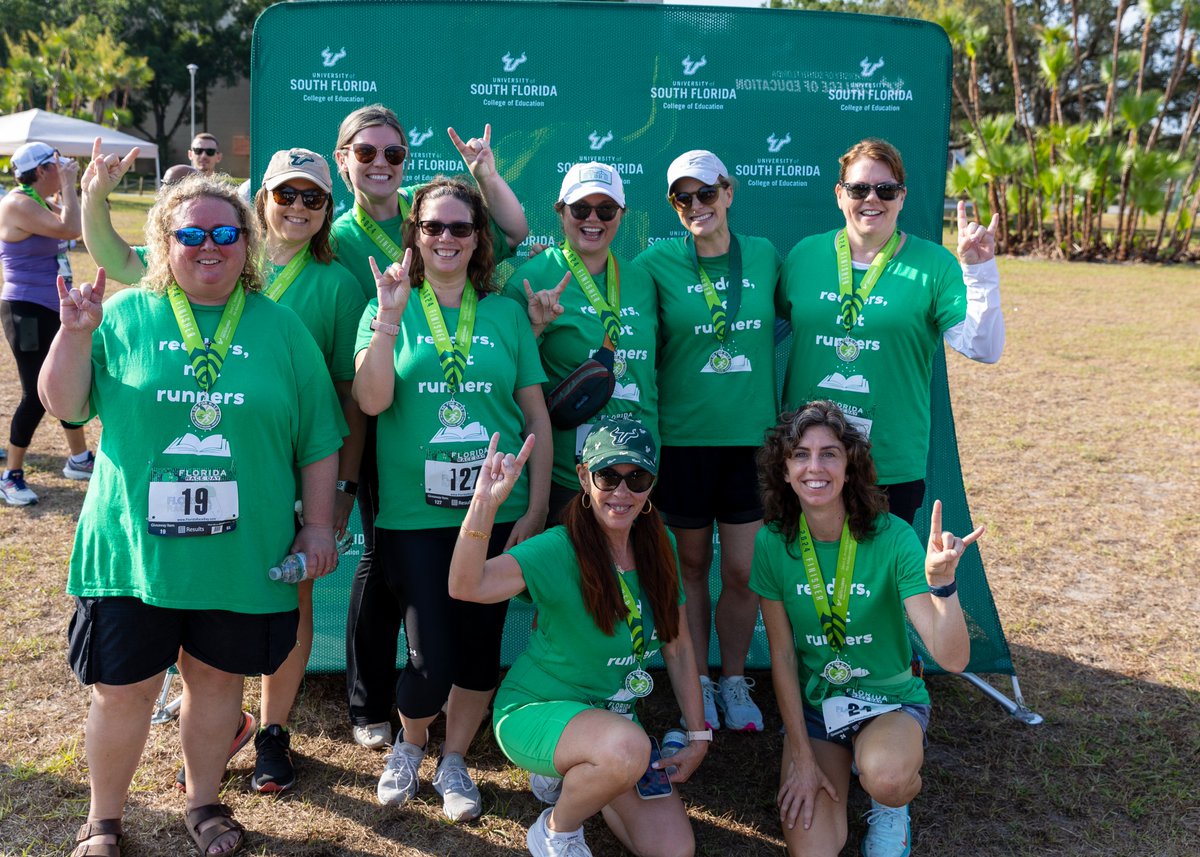 So grateful to these <a href="/educationUSF/">USF College of Education</a> Literacy Studies faculty members and students who came out in support of the #5KforK12 on Saturday!  Readers, Not Runners scores points for their team name, too.  💚💛