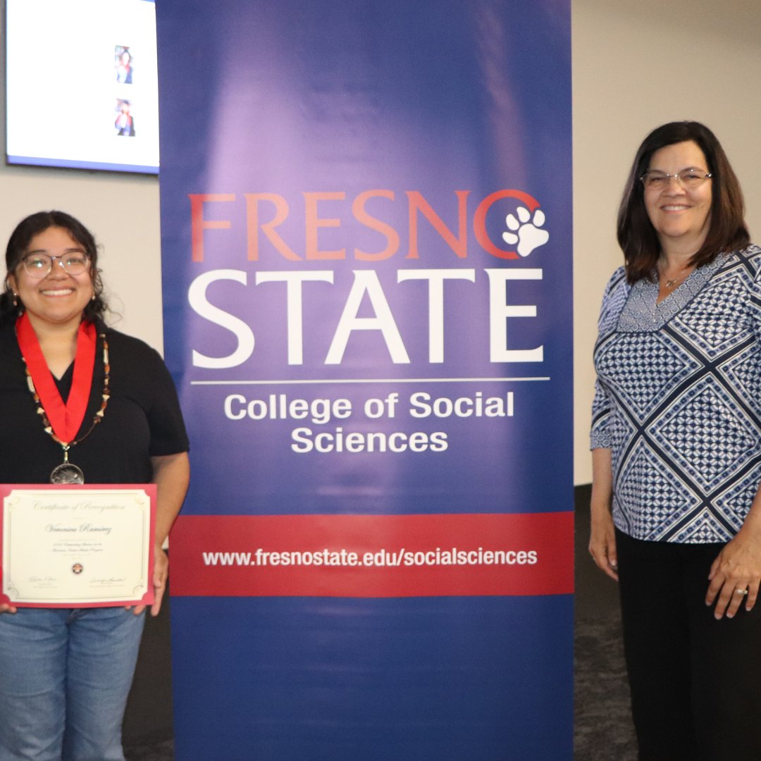 Congratulations to Veronica Ramirez for being the 20204 American Indian Studies outstanding student. Dr. Leece Lee-Oliver gifted Veronica a special set of earrings during the award ceremony on May 1. 

#fresnostate #bulldogpride #COSS