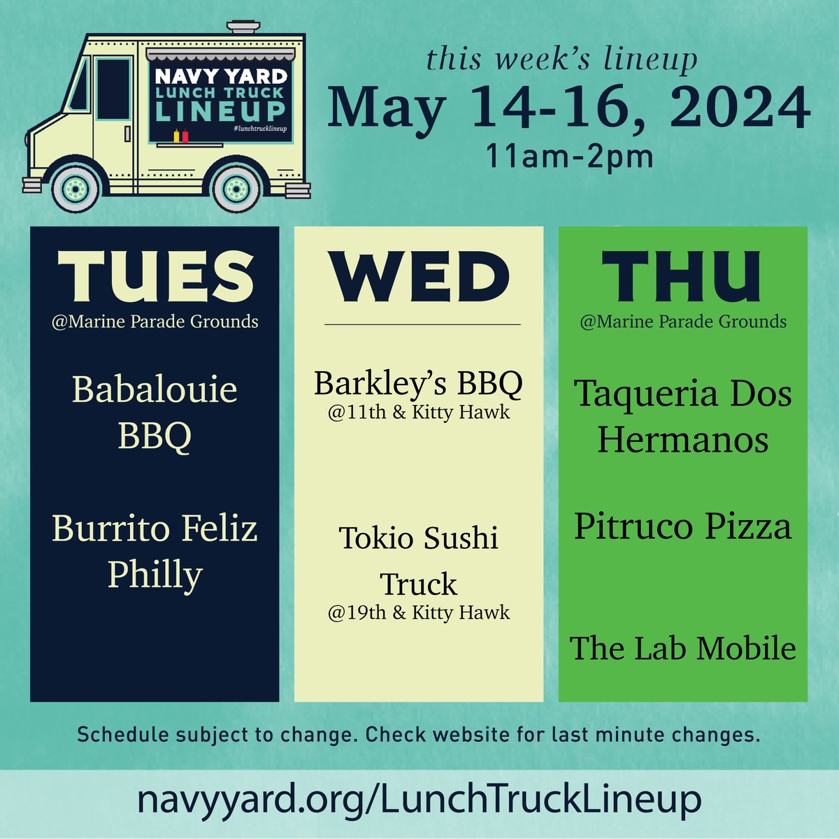 This week's lunch #lunchtrucklineup! Check it out!
navyyard.org/lunchtruckline…
#navyyardeats #discovertheyard #navyyardphilly