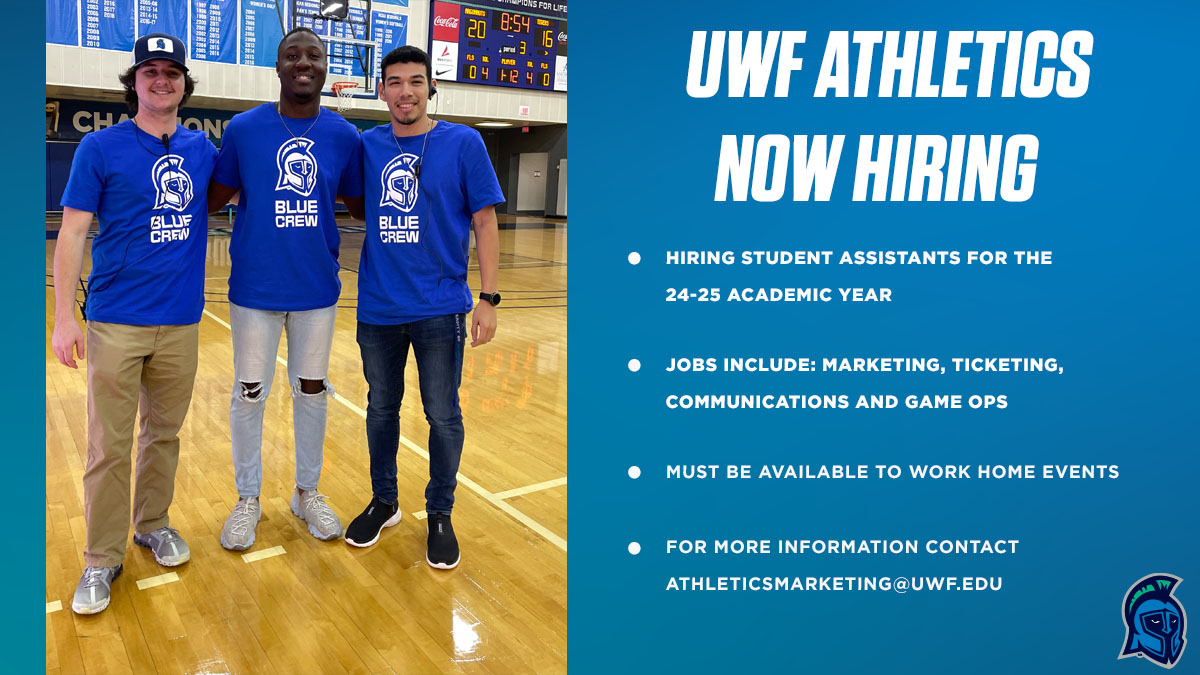 Looking to work in collegiate athletics? UWF is looking to hire student assistants for the upcoming year and their jobs include marketing, ticketing, communications and game operations! For more info, contact athleticsmarketing@uwf.edu #GoArgos
