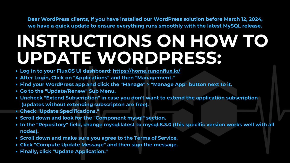 Nhóm Flux đã làm việc chăm chỉ và mang đến cho bạn một bản cập nhật khác dành cho Wordpress.

Cách mạng hóa trang web của bạn với Flux Cloud! wordpress.runonflux.io

#DePIN #Cloud #Dapps #Webhosting $Flux #WordPress #Flux