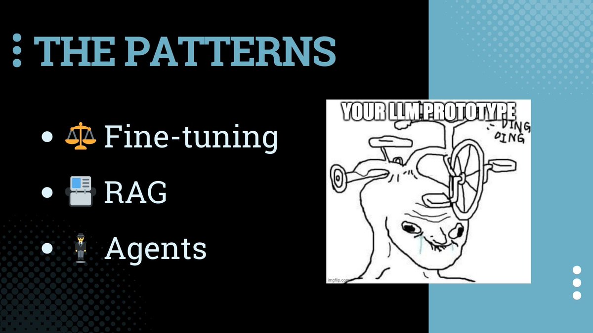 What we built  🏗️ shipped 🚢and shared 🚢 last week: 📇 RAG, ⚖️ Fine-Tuning, and🕴️Agents!

TL;DR 👇

⚖️ Teaching the LLM how to act

📇 Giving the LLM access to new knowledge

🕴️ The Reasoning-Action pattern

s/o to @MavenHQ  for partnering

Lesson: youtu.be/ew4cXDqzb3o?si…