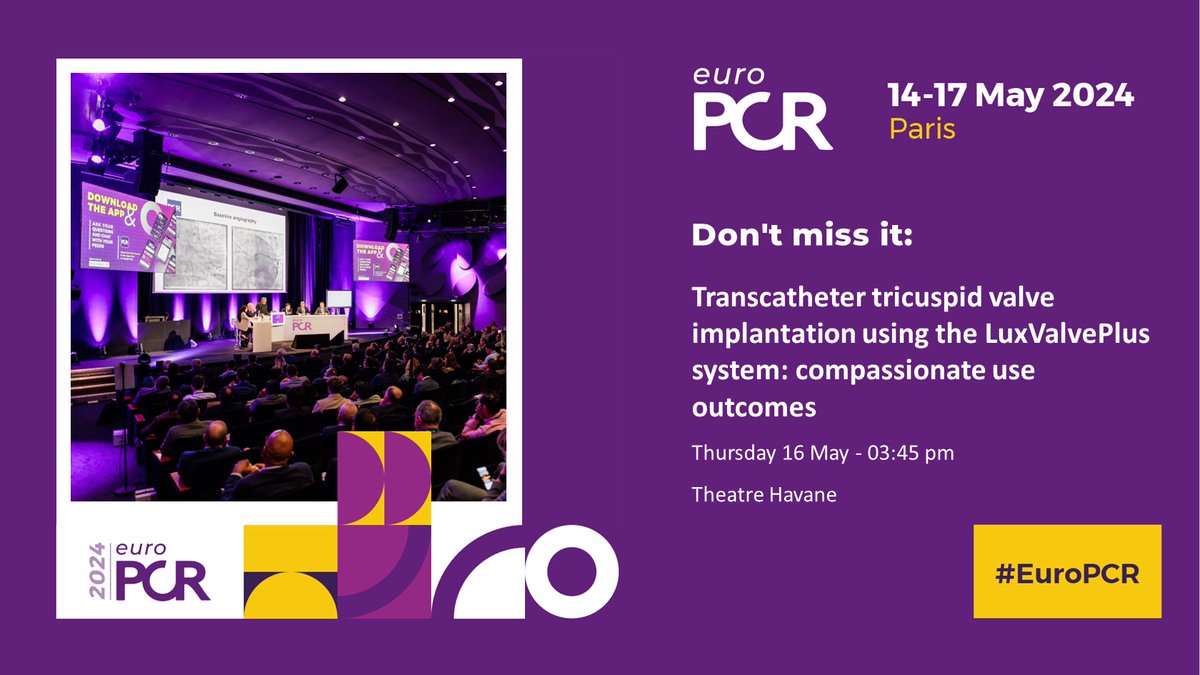 Choosing from numerous interesting hotlines & LBTs at #EuroPCR is tough, but here are my top picks: QFR for non-culprit lesion revascularization in elderly MI patients, residual TR post-transcatheter repair and its impact on survival, and LuxValvePlus system use for #TTVI!