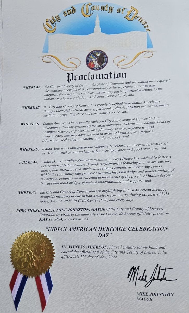 Delighted to join the Indian Festival in Downtown Denver — the first such event supported by the City of Denver to recognise, showcase and celebrate the Indian culture and the contributions of the Indian American community and organised by Laya Dance Academy.  The celebrations