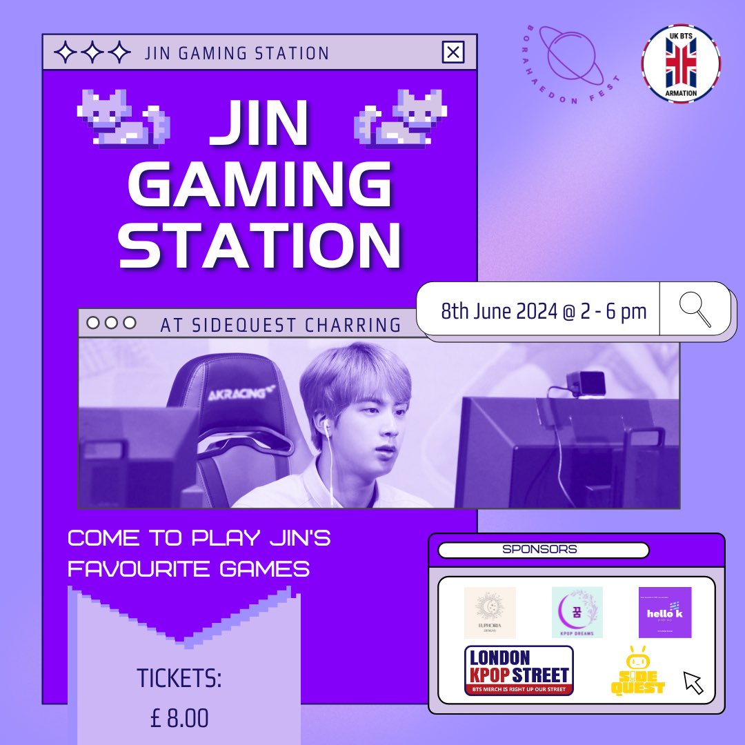 [BORAHAEDONFEST PRESENTS 💜] Come and celebrate BTS 11th anniversary with us @ Jin Gaming Station 📍SideQuest Charring Cross 📆 : 8th June Time : 2PM - 6PM Secure ticket here 🎟️: eventbrite.co.uk/e/jinstraunaut… #BORAHAEDONFEST #UKBTSARMY #방탄소년단 #JIN