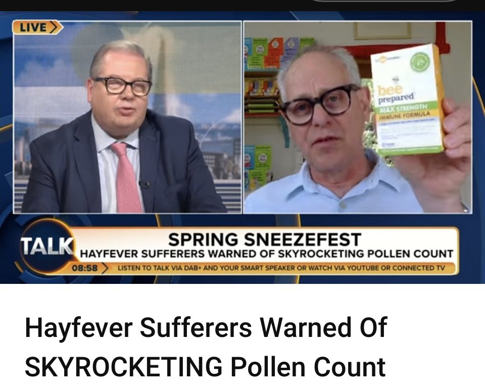 Hay fever expert shares top tips to reduce suffering on @TalkTV including @HayMaxbalm, Bee Prepared immune supplements & a nifty arm band. Have a quick listen: youtube.com/watch?v=Kwwcgm… #hayfever #allergies @Iromg