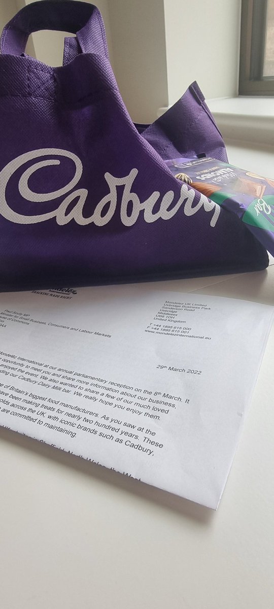 I'm grateful to @CadburyUK for sending me a bag of chocolate having attended a Mondolez event in Parliament 21 days before. Unfortunately it then took 2 years to get from my old government department 500m away to get to me! I now need in-date chocolate to console myself 😂