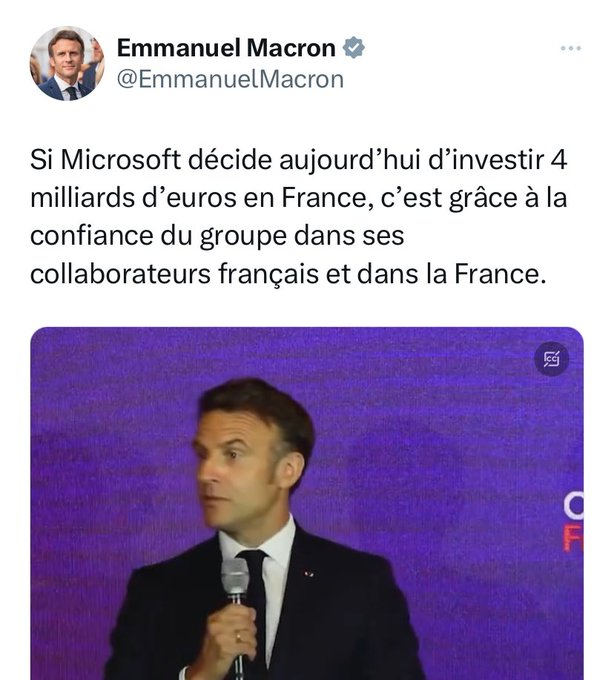 Cela est faux : 
🛑⛔✍🏽 C'est grâce aux crédits d’impôts et autres subventions que vous offrez à Microsoft, avec nos impôts, que cette entité en partie militaire vient en France. C'est donc la France qui 'investit'. Et en contrepartie, Microsoft finance votre campagne européenne.…