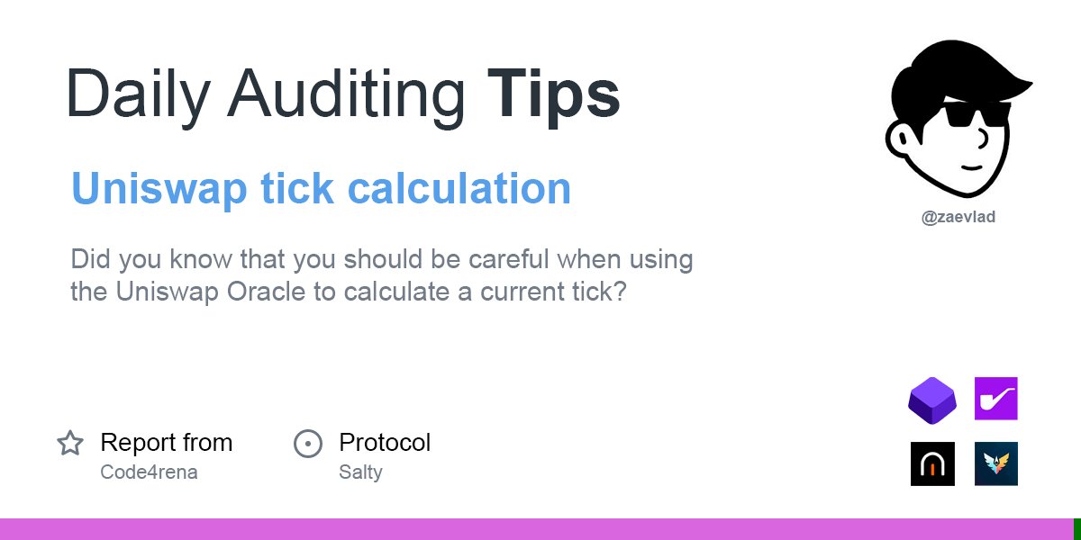 RightNowIn's tweet image. While reading a report from Salty Protocol, I came across an interesting issue that I would like to share with you. 

Did you know that you should be careful when using the Uniswap Oracle to calculate a current tick? 

Let's see an example: