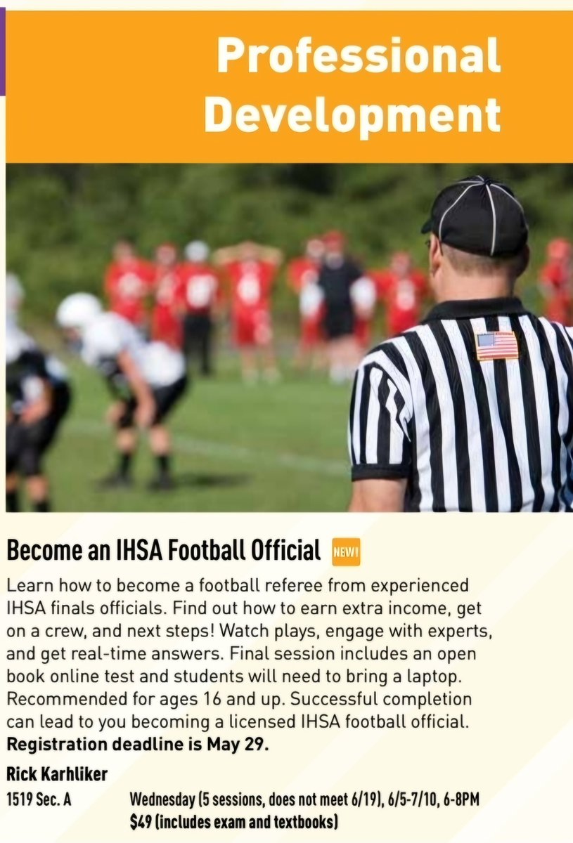 ⬛️⬜️ Heartland Community College in Bloomington-Normal is now offering a course on becoming an IHSA official in the sport of football! 📅 The 5-session course runs from June 5 to July 10. Registration deadline is May 29. 🔗Register or learn more here▶️ campusce.net/heartland/Cour…
