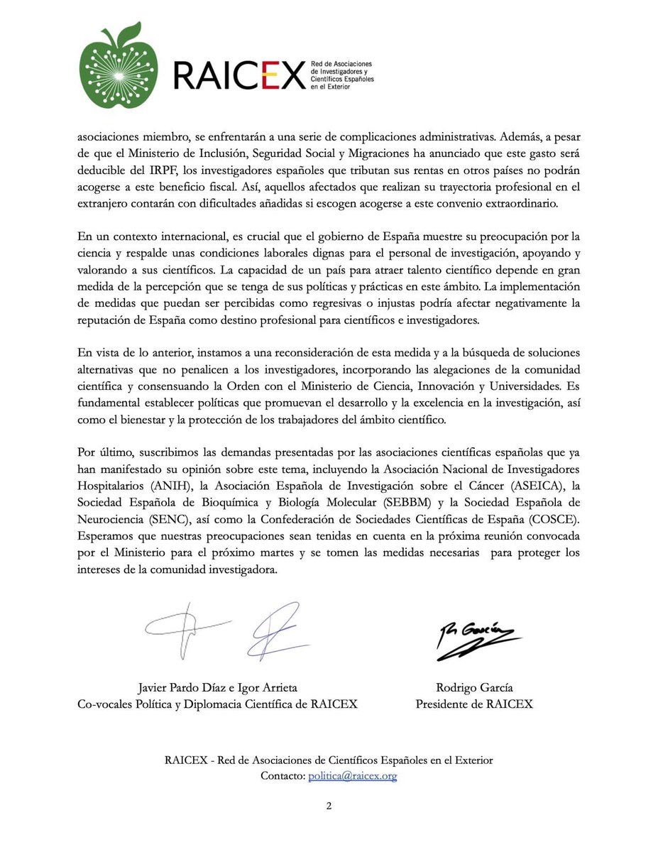 Comunicado de RAICEX sobre la Orden Ministerial que regula la cotización retroactiva de los becarios de investigación en España