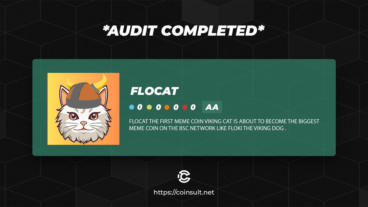 🔒 AUDIT COMPLETED FOR FLOCAT

🎁 GIVEAWAY: $10 (48 hours)

1⃣ Follow @flocatcoin & @CoinsultAudits
2⃣ Like + RT this tweet
3⃣ Place a comment 💬

Go check out the full project page of Flocat 👇
coinsult.net/projects/floca…

#giveaway #audit #smartcontract #cryptogiveaway #crypto