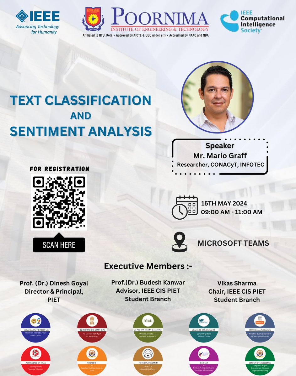 ieee_cis_piet's tweet image. 🌟 Amazing News! Participate in an internet virtual session on Text Classification and Sentiment Analysis with Mr. Mario Graff. 📊✨ Discover modern-day techniques in Machine Learning and Natural Language Processing.
Save the date: May 15, 9:00 AM - 11:00 AM! Be there!