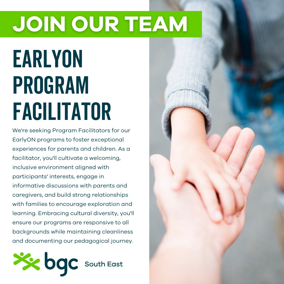 Now Hiring: EarlyON Program Facilitator If you're passionate about supporting families and promoting early childhood development, this role is for you! Apply now to join our team. For full job descriptions, visit bgcsoutheast.ca/get-involved/j….