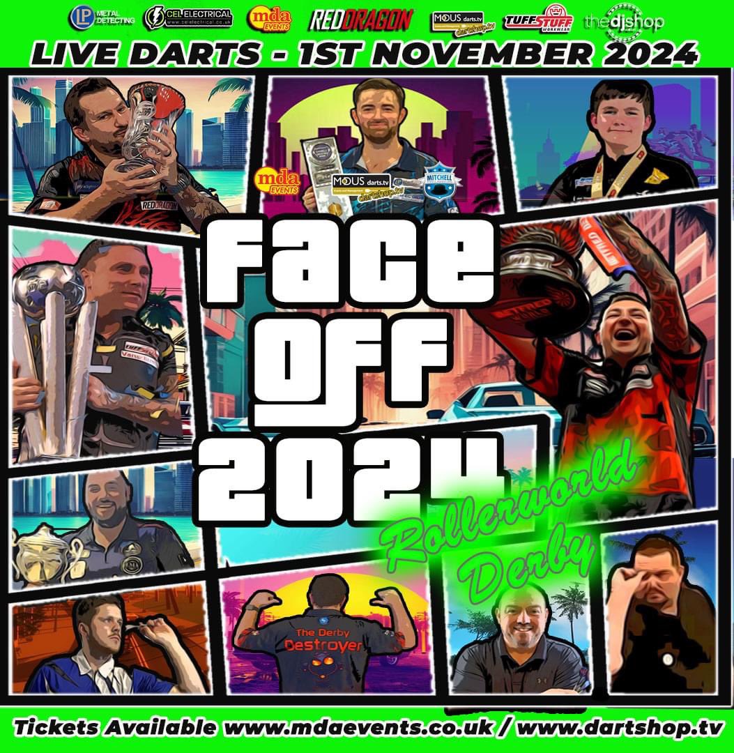 🎭 FACE OFF 🎭 Humphries, Price, Aspinall and Clayton will FACE OFF once again in 2024, with a fantastic lineup heading to the midlands 🎯 Featuring the stars of 2024 and a host of local talent, this is one not to be missed! Book Here 🎟️ bit.ly/Derby24ds