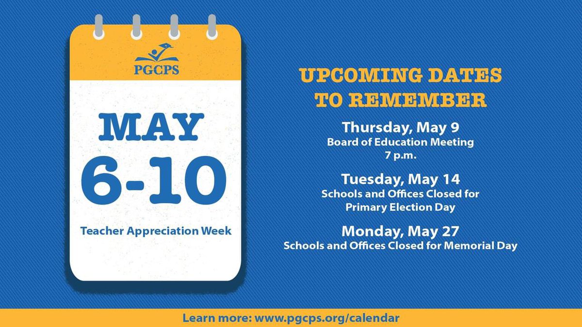 pgcps's tweet image. REMINDER! Schools and offices are closed for Election Day Tuesday, May 14.🇺🇸 go.activecalendar.com/pgcps/