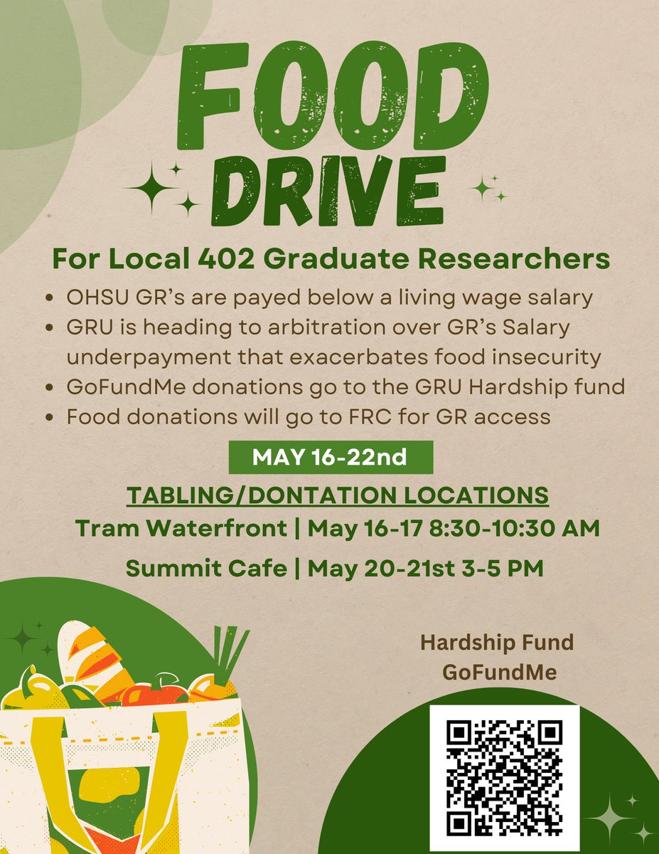 Hi OHSU community, GRU is seeking your help to feed  graduate researchers! Donate food at the waterfront or hill campus this week or donate to our hardship fund using our GoFundMe link