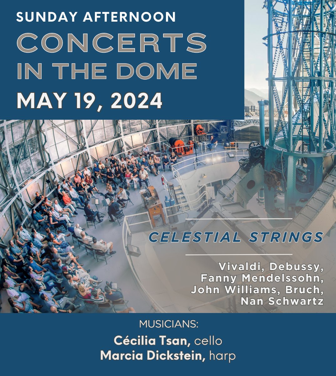 May 19, 2024 | 3 & 5PM: Sunday Afternoon Concerts in the Dome. CELESTIAL STRINGS: Cécilia Tsan (cello) and Marcia Dickstein (harp) playing works by Vivaldi, Debussy, Fanny Mendelssohn, John Williams, Bruch and Nan Schwartz. TIX AVAILABLE @ mtwilson.edu/events/concert…