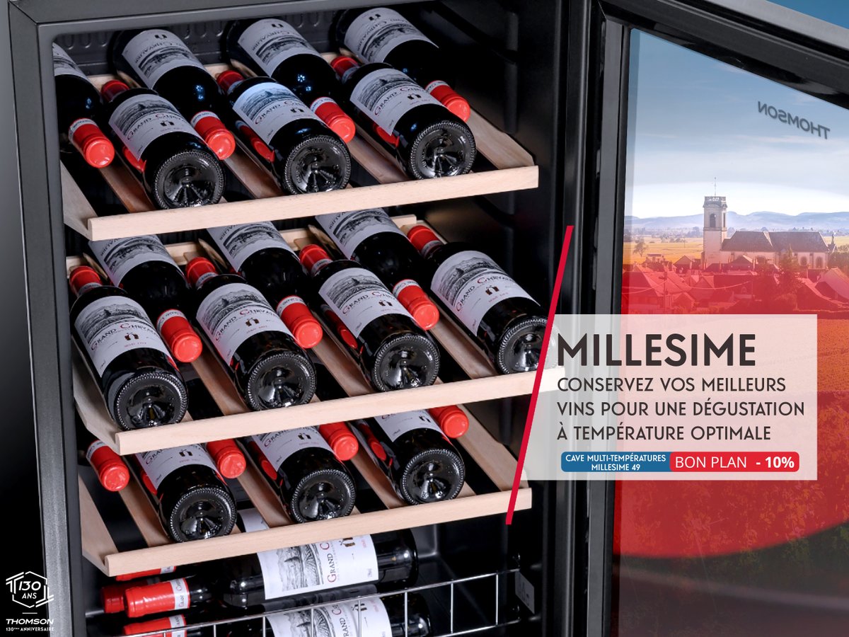 La cave multi-températures #Thomson MILLESIME 49 peut contenir jusqu'à 48 bouteilles. Elle est équipée de 3 clayettes en bois. Retrouvez la actuellement en #PROMO chez @Darty_Officiel ! 😉 #ThomsonÉlectroménager #BonPlan 👉 darty.com/nav/achat/gros… 🍷