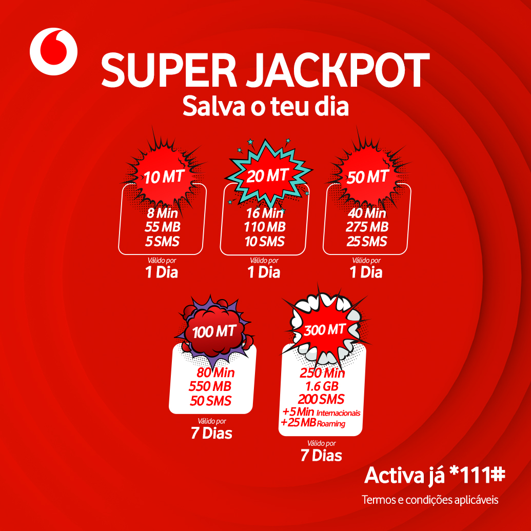 VodacomMz's tweet photo. SUPER pacotes, SUPER megas, SUPER chamadas, SUPER sms’s! Um presente do SUPER DJÔ para ti!

Super Jackpot, Salva o teu dia!

Activa já!
*111#

#LigadosTemosTudoBom https://t.co/xBQ0gEDH5o