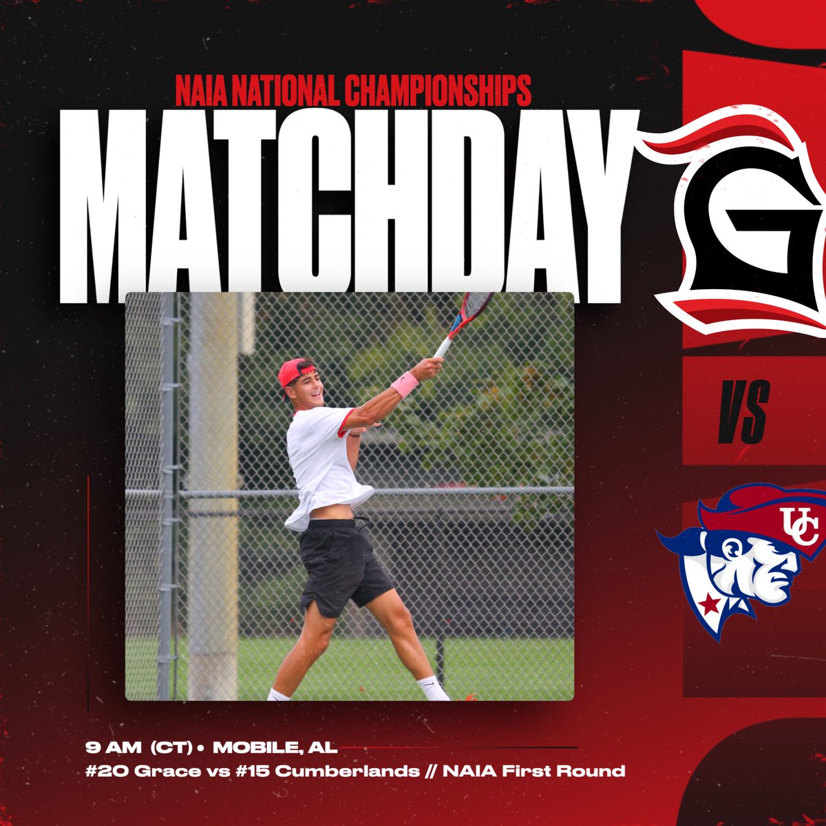 Early-morning start at NAIA Nationals for Grace Men's Tennis! Lancers battle with Cumberlands in the NAIA First Round at 9am (C.T.) in Mobile, AL! #LancerUp