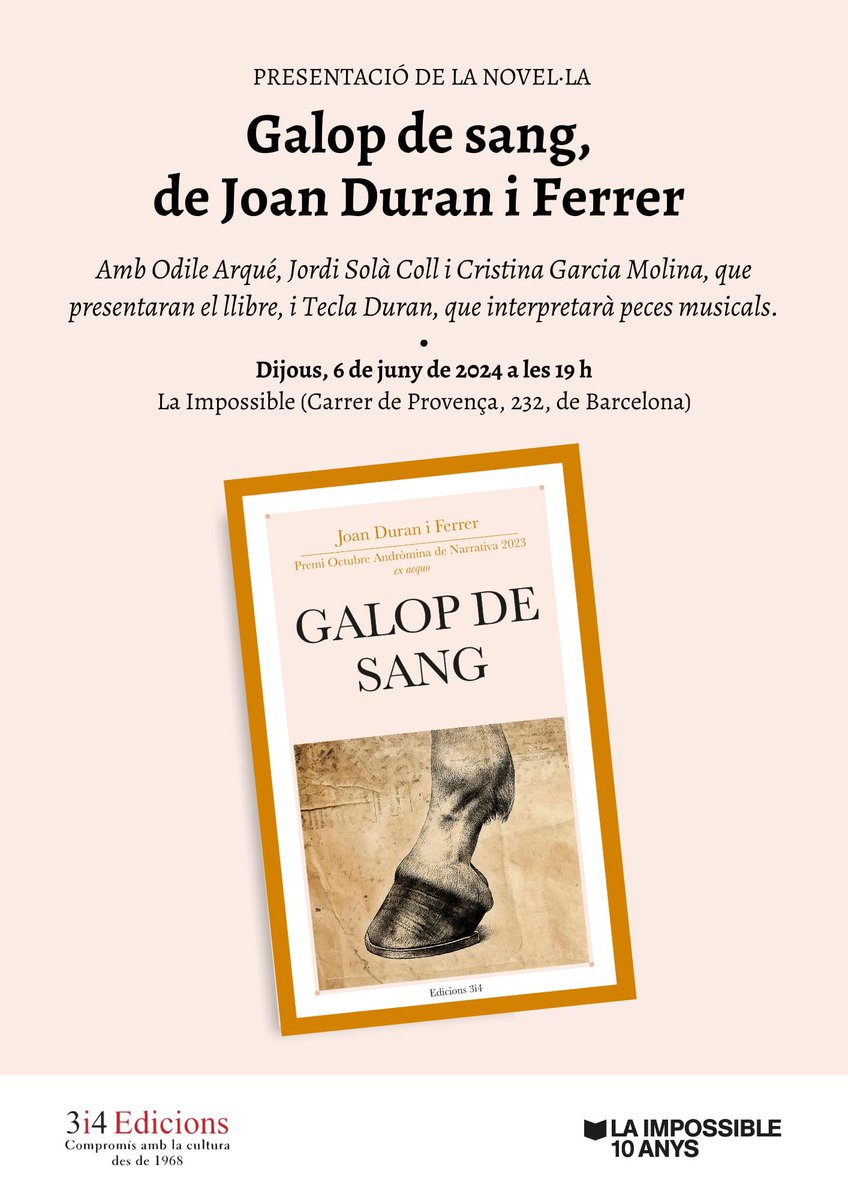 🐎 Aviat, #Galopdesang arriba a Barcelona! Serà el 6 de juny a les 19 h, a @LAIMPOSSIBLE_LL i amb genets de luxe: @OdileTercera @JordiSolColl2 i @cgarc257, que presentaran la novel•la, i @tecladuranf, que interpretarà algunes cançons. Hi sou convidats! @Editorial_3i4