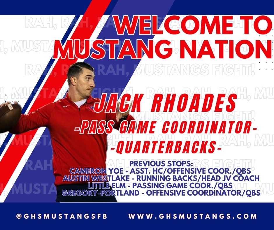 Mustang Nation please welcome <a href="/J_Rhoades10/">Jack Rhoades, M. Ed., CSCS</a> to Grapevine! Coach Rhoades will we our Passing Game Coordinator/QB Coach and our Boy's Head Track Coach in the Spring. #MUDITA #RAHRAHRAHMUSTANGSFIGHT