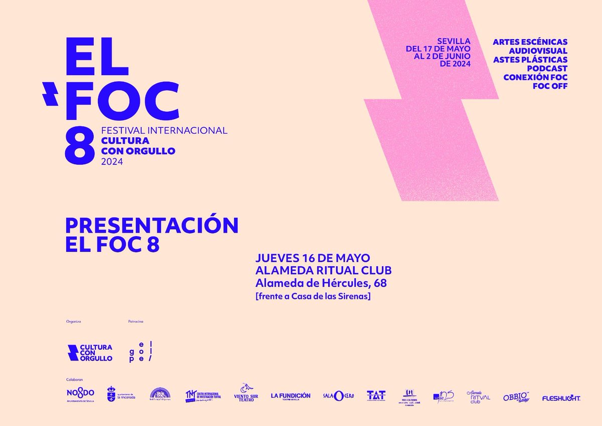 🎤 El próximo Jueves 16 de mayo, a las 13 horas presentaremos en Alameda Ritual Club (Alameda de Hércules, frente a la Casa de las Sirenas) el cartel y la programación de #ElFOC8, la octava edición del Festival Cultura con Orgullo.

🌈🏳️‍⚧️ Te esperamos!
