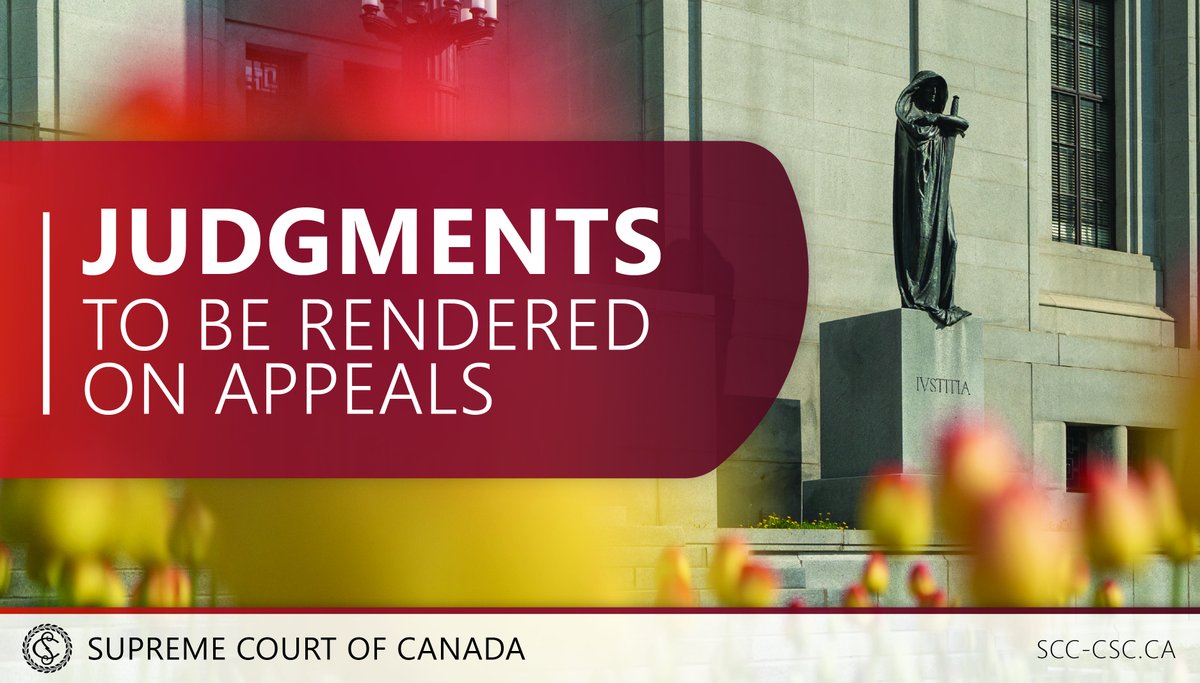 The Supreme Court will deliver its judgments on the following appeals on May 17, 2024, at 9:45 a.m. ET: R. v. Lozada. A plain language summary of the judgments will accompany the decision decisions.scc-csc.ca/scc-csc/news/e…