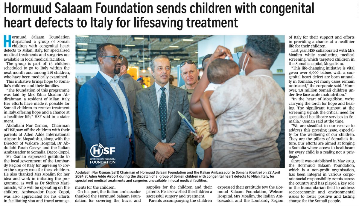 The @The_EastAfrican newspaper published today an article about the Somali children with congenital heart defects whom we sent to Italy for specialized medical treatments and surgeries. Fortunately, a number of these children have already undergone successful surgeries, and the…
