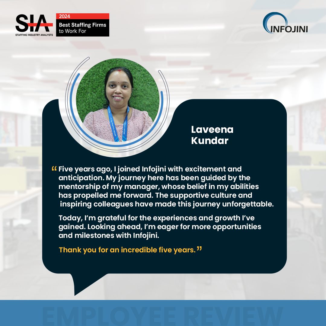 We are thrilled to hear from our dedicated employees like Laveena Kundar!

We take pride in providing a supportive, employee-friendly work environment that fosters growth and development.

#EmployeeExperience #testimonial #workculture #BestPlacetoWork #LifeAtInfojini #Infojini