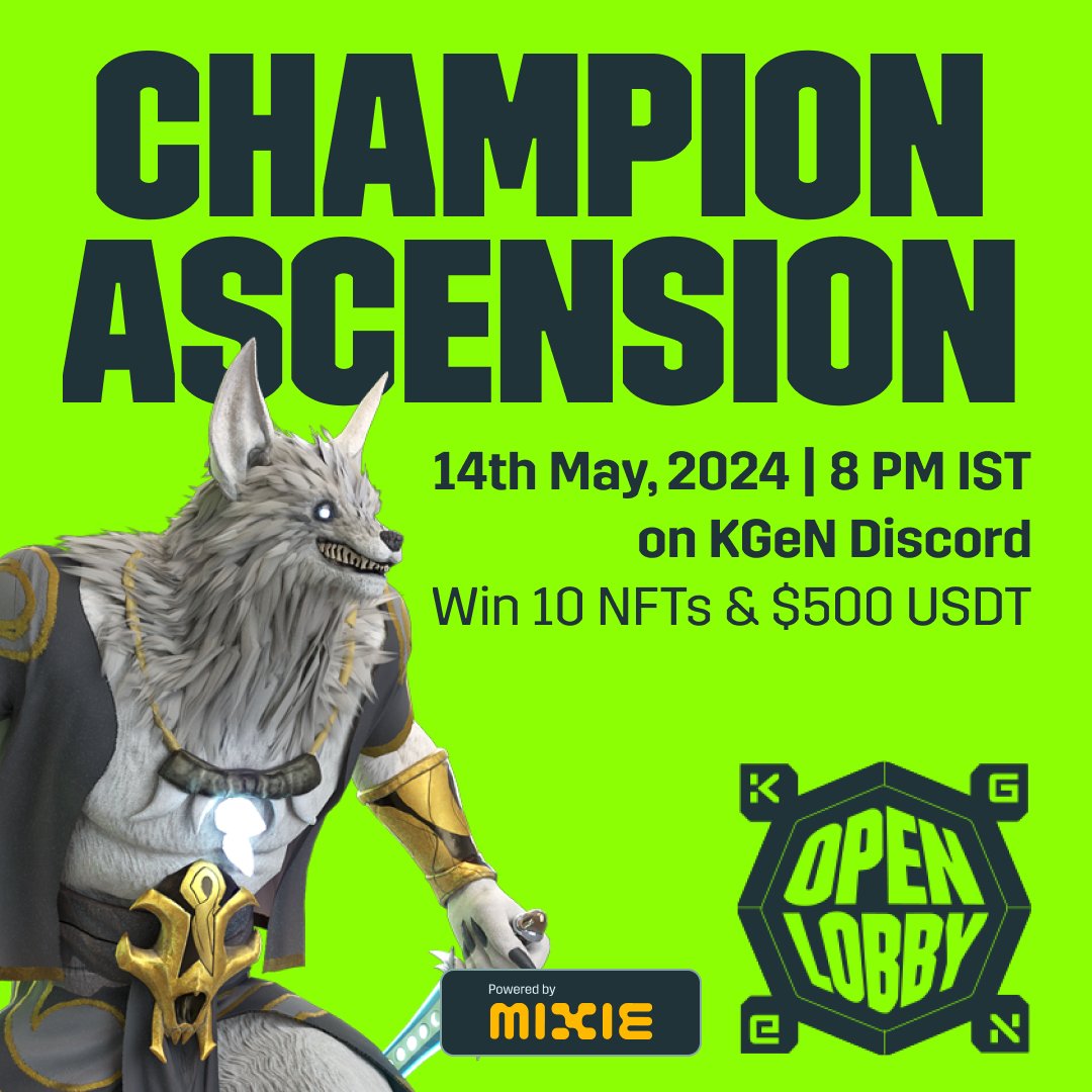 KGeN_Community's tweet image. GLADIATORS, ASSEMBLE

Attention all warriors! Brace yourselves as the Gladiators are entering the lobby! 🚀

Prepare for an electrifying night at OpenLobby, powered by @Mixieai. 

Equip your best loadout because @ChampionsIO calls you to a free-to-play showdown.

🚨 Join the