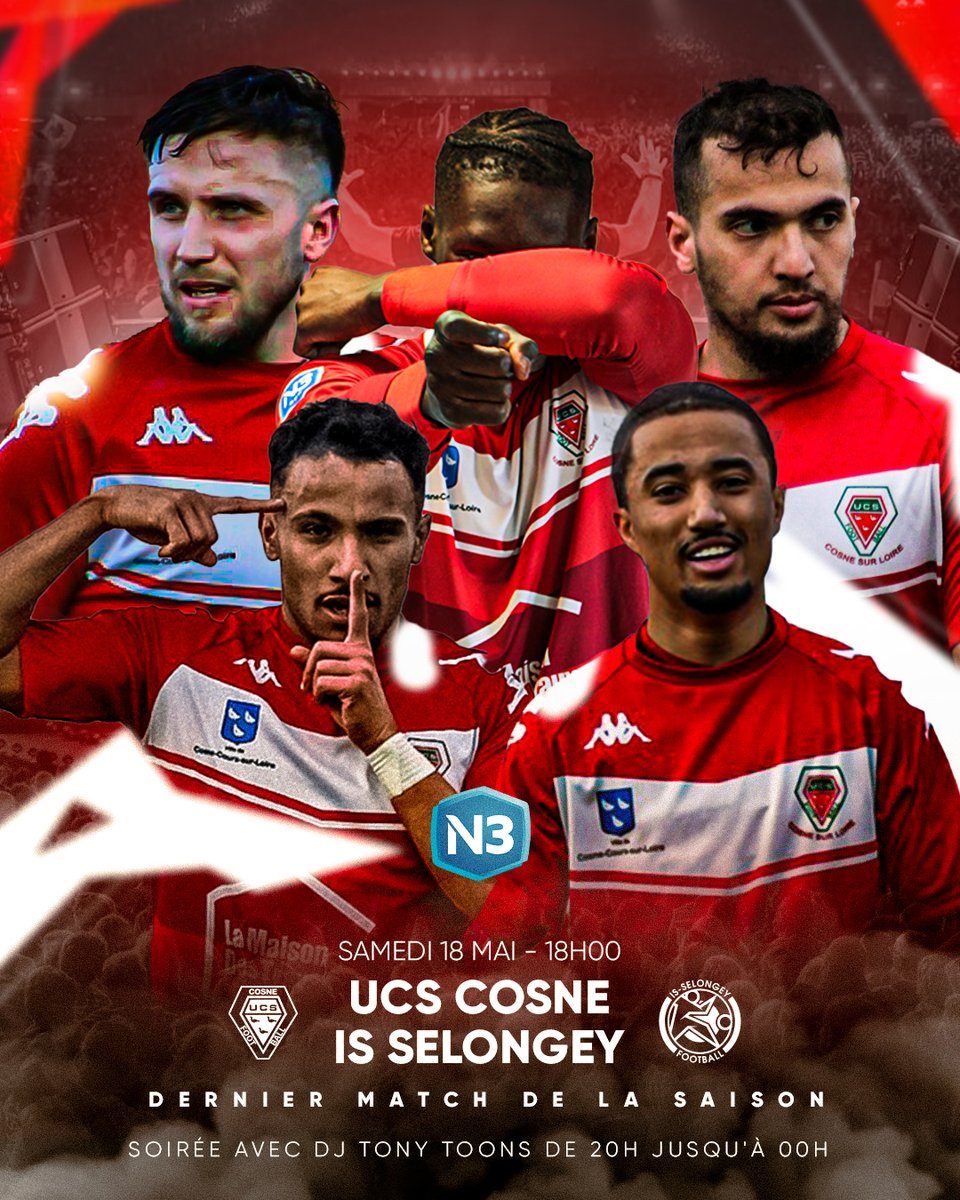 UCS_Cosne_Off's tweet photo. 🔥 𝐃𝐄𝐑𝐍𝐈𝐄𝐑 𝐌𝐀𝐓𝐂𝐇 𝐃𝐄 𝐋𝐀 𝐒𝐀𝐈𝐒𝐎𝐍 🔥

👉  Tous au stade Raphaël Giraux ce samedi 18 mai à 18h00 pour fêter  ensemble le maintien de notre équipe première en National 3 ! https://t.co/cIgpPUVq6n