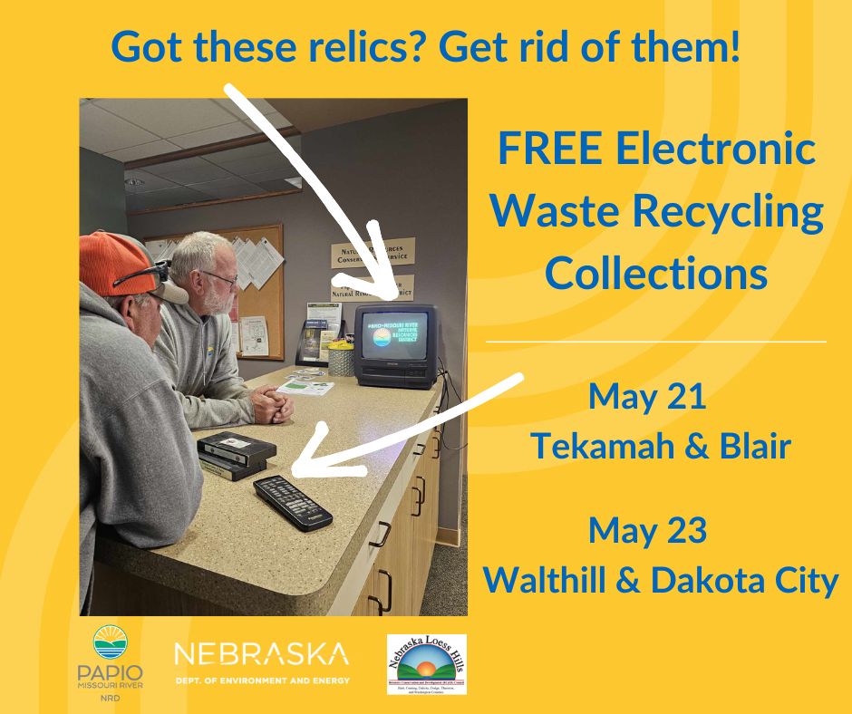 Have some of these relics hanging around? Get rid of them for FREE. The Papio NRD & Nebraska Loess Hills RC&D Council's electronic waste recycling collections are this month in Burt, Dakota, Thurston, & Washington counties. bit.ly/44towzw