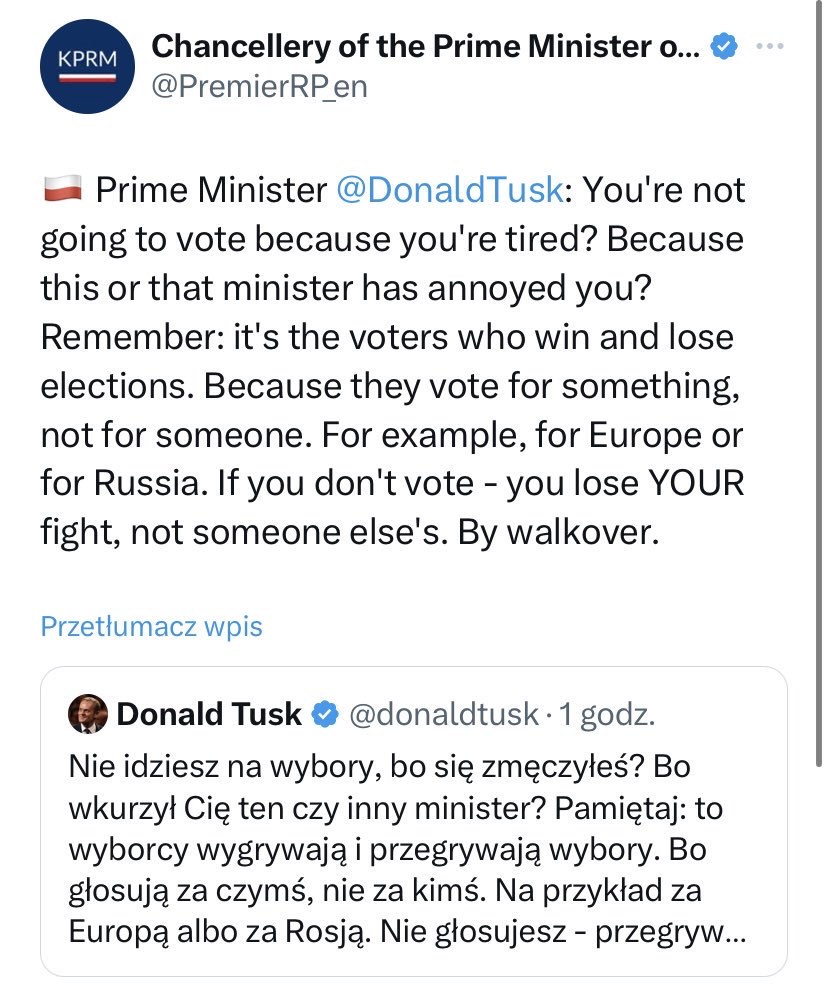 That's exactly what we're facing today in Poland. Polish PM @donaldtusk is using intimidation and manipulation to 'convince' the Poles to vote: you're supporting PM' party or... Russia.

A little bit too biased.

PM should understand that social polarization and slandering