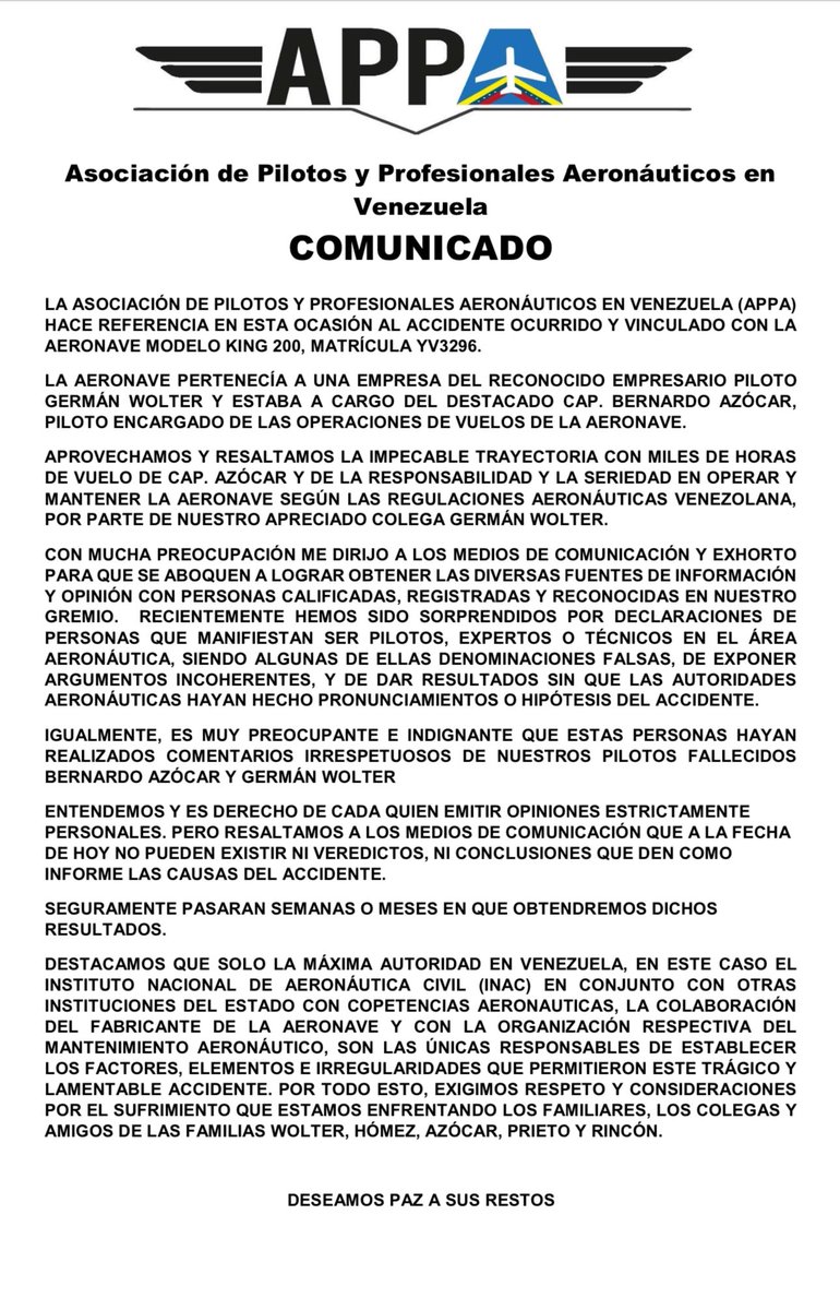 Les comparto el comunicado oficial de la Asociación de Pilotos y Profesionales Aeronáuticos en Venezuela, sobre el accidente ocurrido hace unos días en el estado Zulia y el rechazo rotundo hacia comentarios de supuestos “expertos” en diferentes medios de comunicación.