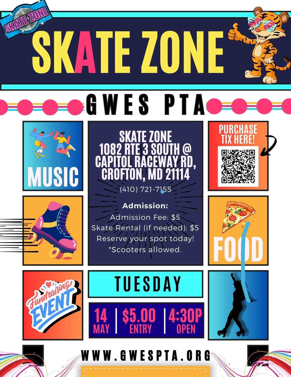 Tomorrow we will be at SKATE ZONE from 4:30- 6pm!!! Location: 1082 RTE 3 SOUTH @ CAPITOL RACEWAY RD, CROFTON, MD 21114 (410) 721-7155 Admission Fee: $5 Skate Rental (if needed): $5 Reserve your spot today! *Scooters allowed. @gwes_pta