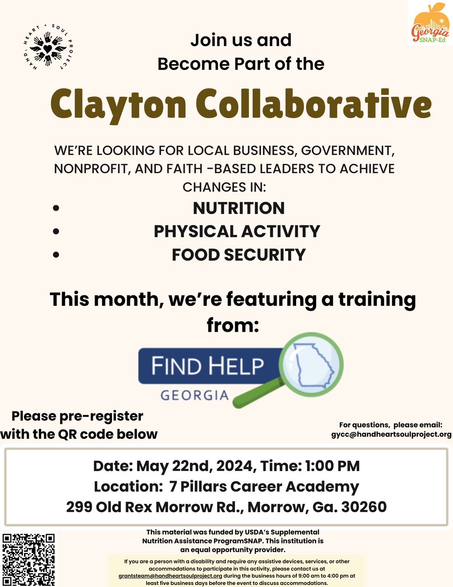 ✅ Are you a nonprofit servicing in #claytoncounty &amp; want to reach more clients?
✅ Free registration training for #findhelpga (statewide database) limited space 
✅ Wed. 5/22 1pm-3pm
#handheartsoulproject #claytoncollaborative

docs.google.com/forms/d/1aieZ6…
#beingapartofsolutions