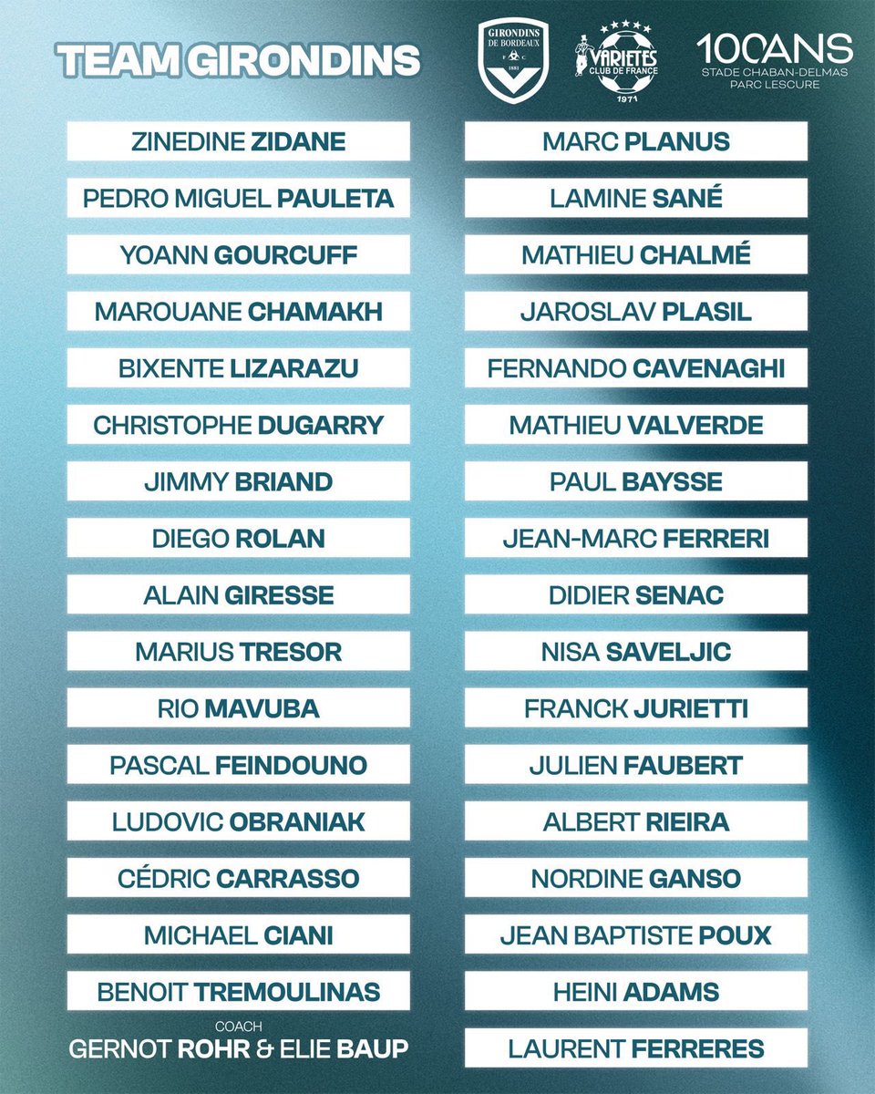 Scipionista's tweet photo. La liste des légendes girondines qu’on aura demain pour les 100 ans de Lescure

On va voir Zidane et Gourcuff combiner pour servir Pauleta et Chamakh, sans doute le plus gros fantasme footballistique de ma vie qui va se réaliser. Après avoir vu ça, on pourra mourir tranquille. https://t.co/LhRKqPM2Uh
