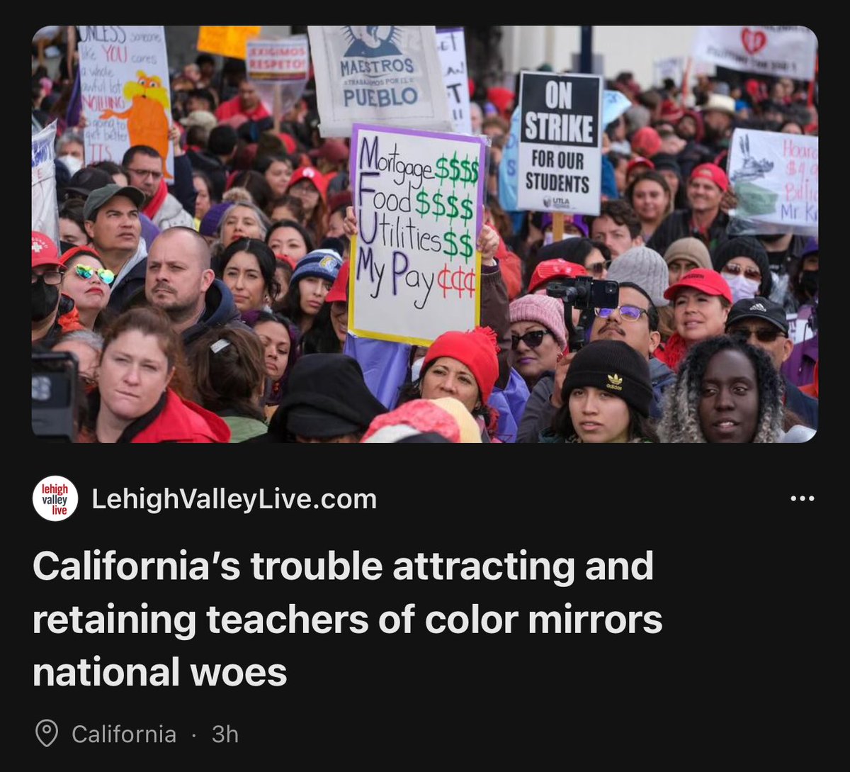 California is having trouble attracting teachers period race has nothing to do with it. What decent person would want to teach in our woke schools and be members of a corrup union? @WeAreCTA @GavinNewsom @TonyThurmond @ilike_mike @CASpeakerRivas