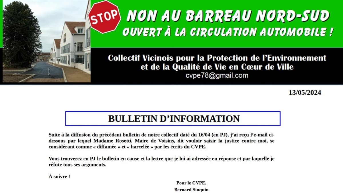 OlivierAfonso78's tweet photo. Les vicinois reçoivent la newsletter du collectif la Protection de l’Environnement et la Qualité de Vie en Cœur de Ville (#CVPE). Bernard Sinquin, vicinois depuis 43 ans et Président du collectif, publie ses échanges « #surréalistes » avec Madame le Maire de #voisinslebretonneux https://t.co/GtrWpQa7vS