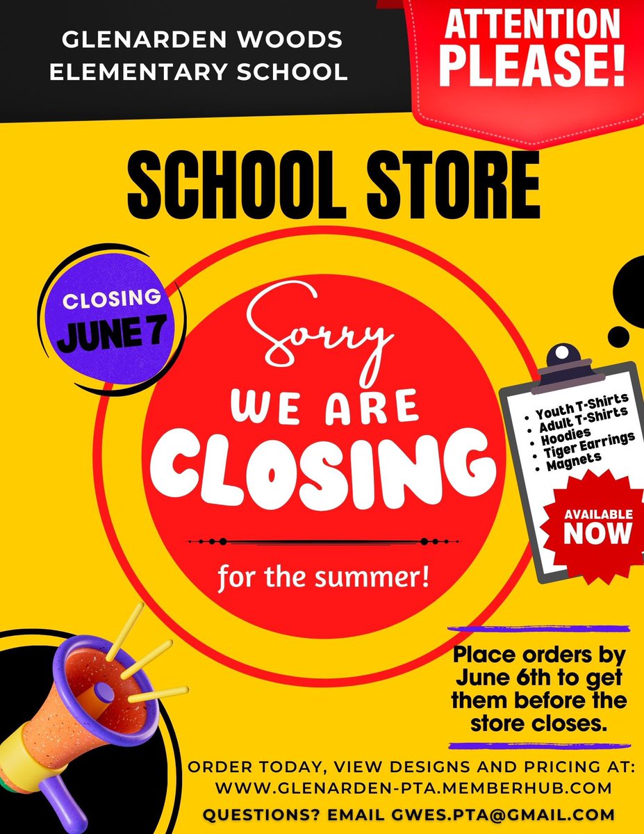 🚨 School Store is Closing June 7th!!! 🚨Place orders by June 6th to get them before the store closes.ORDER TODAY, VIEW DESIGNS AND PRICING AT: glenarden-pta.memberhub.com/store?limit=21… QUESTIONS? EMAIL GWES.PTA@GMAIL.COM