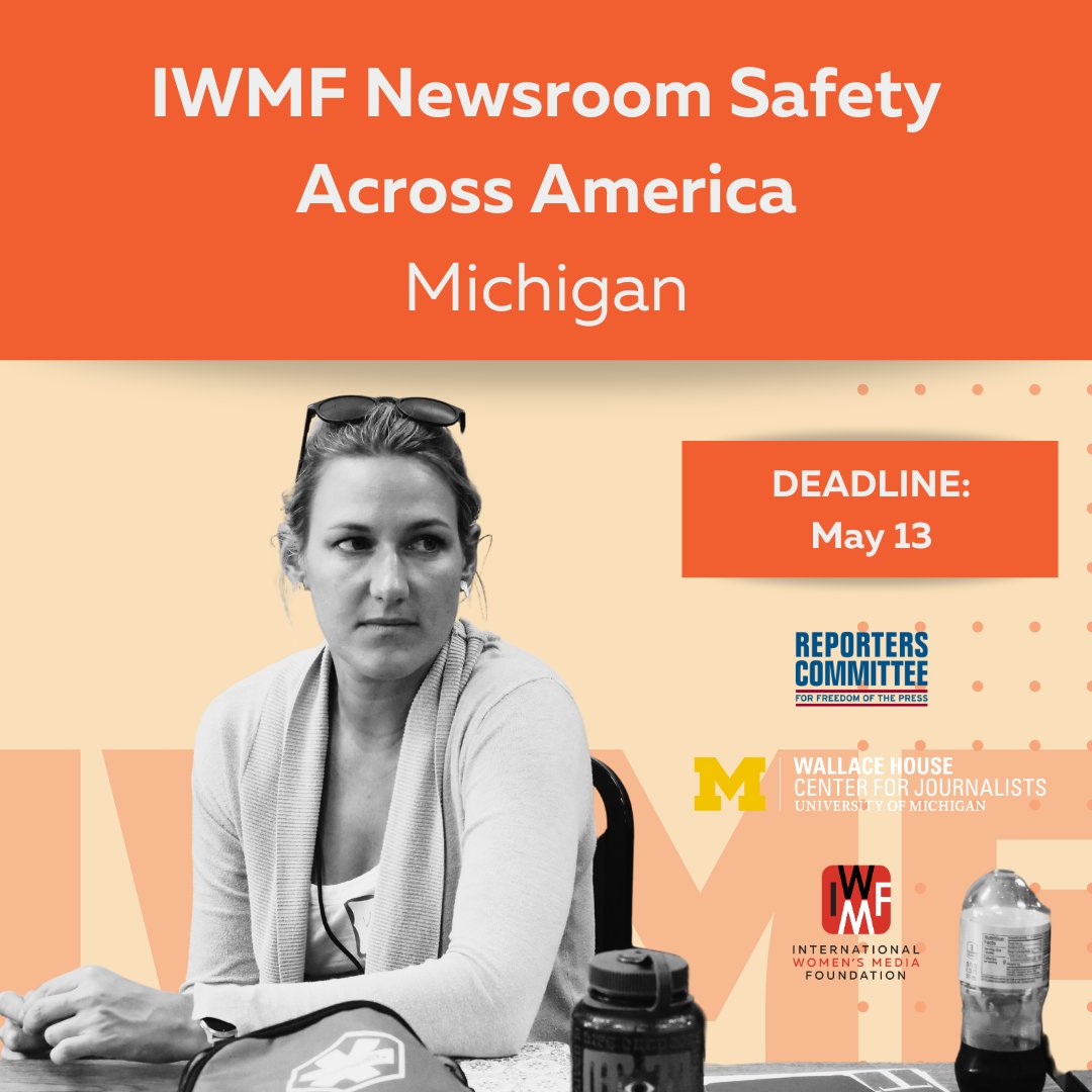 Last hours to apply! The IWMF, Reporter's Committee, and Wallace House are hosting a safety training for journalists in Michigan on May 29, 2024. Fill out the form ASAP—spots are limited! Deadline TODAY: May 13, 5 PM ET: forms.gle/get1PXmv1SW5w7…