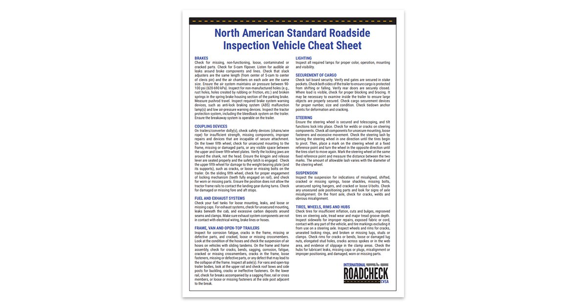 CVSA's #InternationalRoadcheck starts tomorrow, May 14, to May 16. Be prepared. Download this cheat sheet detailing the components of the commercial motor vehicle that the inspector will inspect when conducting a Level I Inspection. cvsa.org/wp-content/upl…