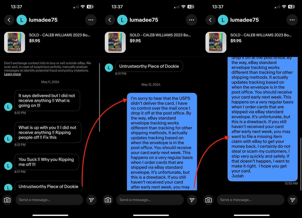 JudahEyes's tweet photo. Buyer left negative feedback for ESE showing delivered but not yet delivered. @eBay denied request to remove. Called eBay and was told that this is because the feedback "is based on buyer's experience" and tracking issue is not mentioned.

Please help @AskeBay

@CardPurchaser https://t.co/Nkv1uByusJ