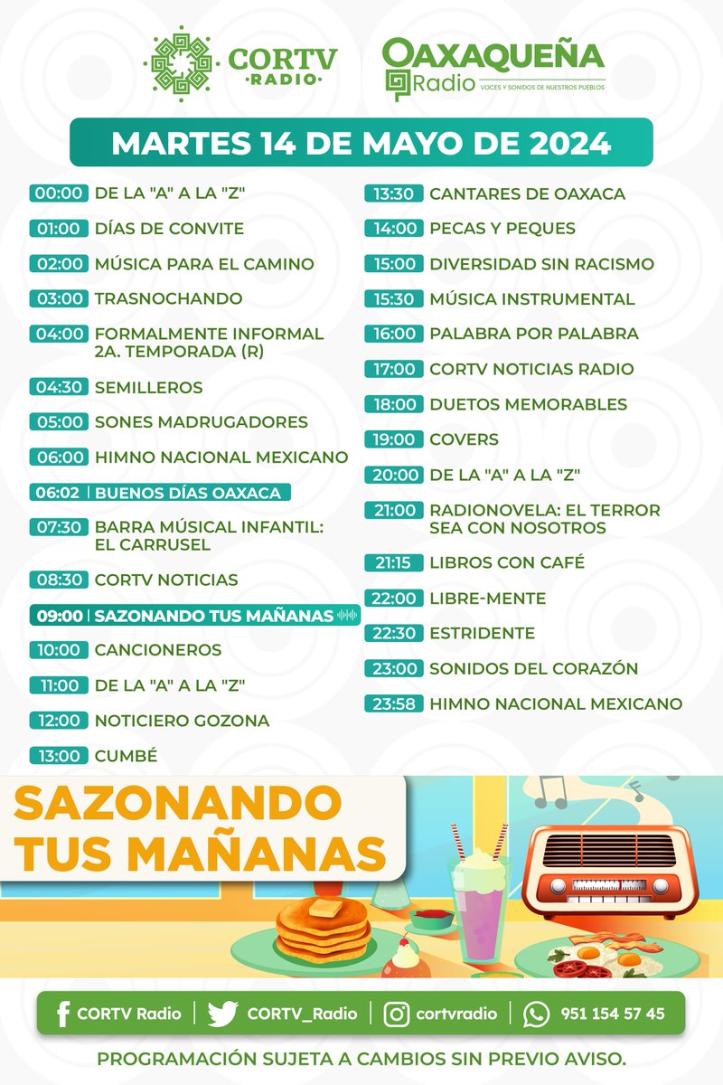 Te compartimos nuestra programación radiofónica de este martes. 📻 Sintonízanos por #OaxaqueñaRadio y #Global 96.9 oaxaca.gob.mx/cortv/ #Oaxaca @cortv